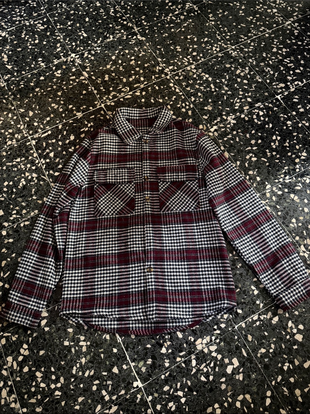 SHEIN Burgundy, Black & White Plaid Lightweight Shirt Jacket